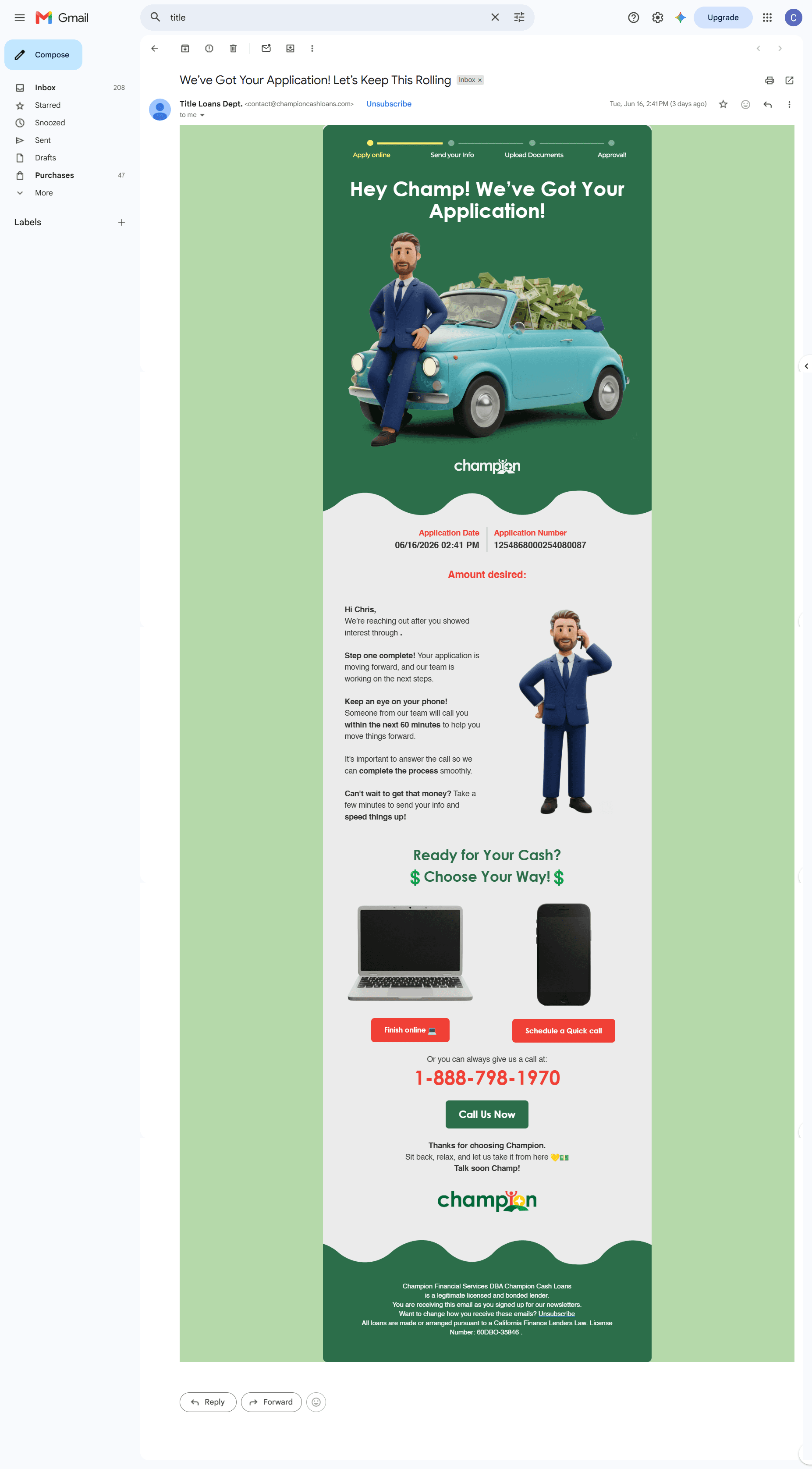 Fig. 2. Cross-brand confirmation email. Although the application originated from Turbo Loan, the customer received a Champion Cash Loans confirmation, breaking brand continuity at the most trust-sensitive moment of the journey.