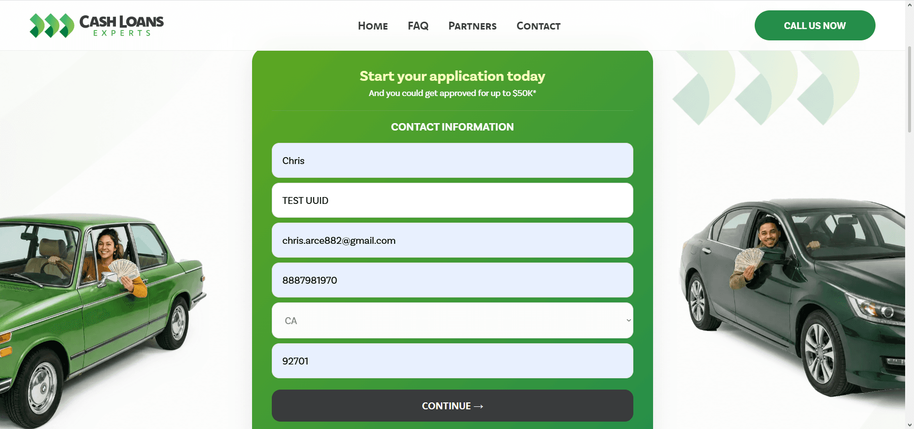 Fig 9. Stage 1 Ingestion. The initial Next.js interface capturing user telemetry and contact payloads under a controlled QA environment (Test User: Chris TEST UUID Initialization).