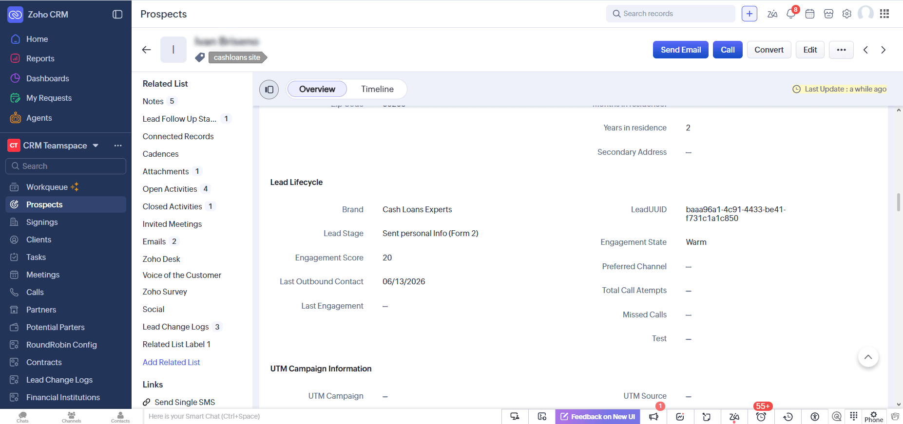 Fig 12. Telemetry Alignment. A look inside the Zoho CRM Lead Lifecycle module. The custom integration accurately maps the unique client-side UUID, ensuring that all subsequent user events anchor to a single source of truth.