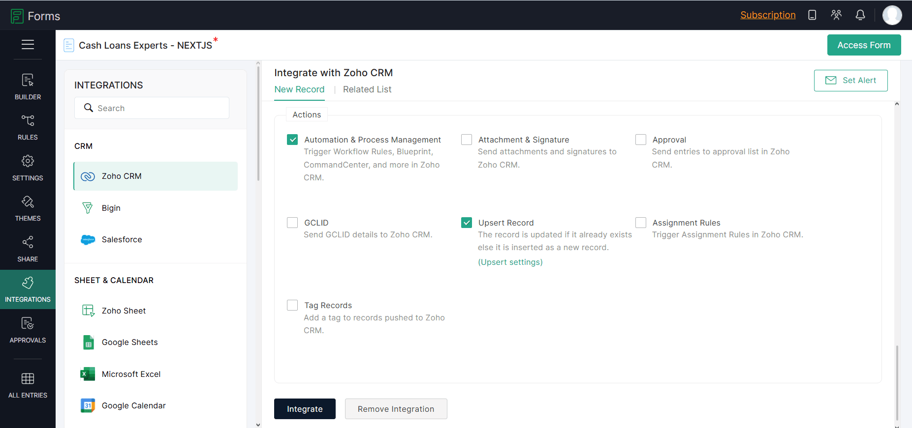 Fig 13. Programmable Deduplication. The Zoho Forms backend integration interface executing the Upsert Record function. By checking against the unique record UUID, the system dynamically updates existing entries instead of spawning redundant profiles.