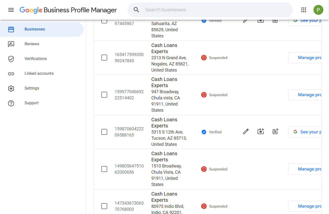 Google Business Profile suspension dashboard showing restricted local profiles